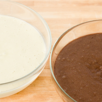 Vanilla batter and chocolate batter divided into two bowls.