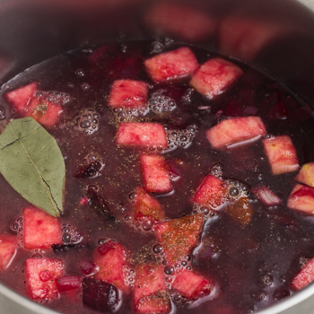 apple and beet soup with bay leaf