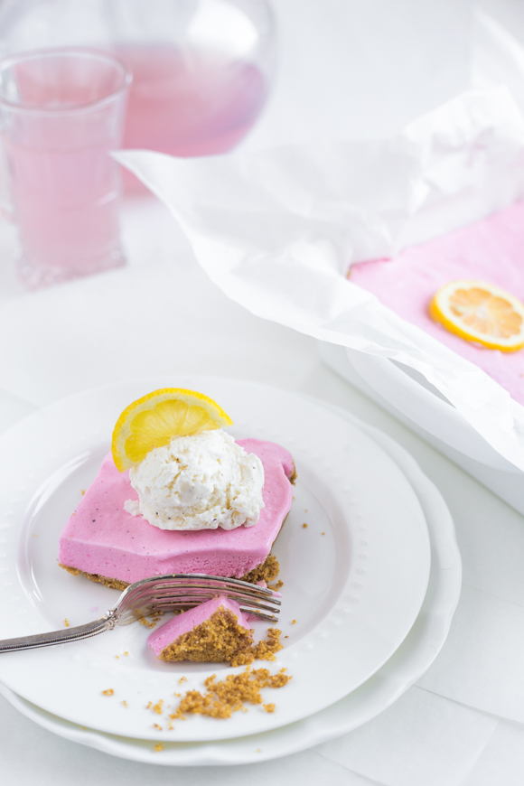 pink lemonade cake plated.