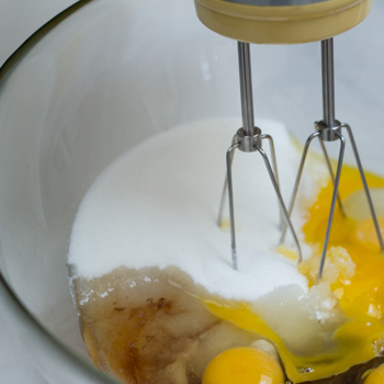 Eggs, sugar, vanilla extract and salt in a bowl with an electric mixer.