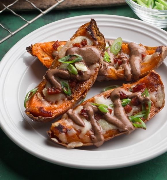 Featured image for “Crispy Sweet Potato Skins with Chili Chocolate Sour Cream”